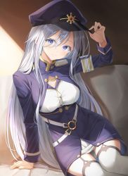 Rule 34 | 1girl, 86 -eightysix-, arm support, belt, breasts, cleavage, cleavage cutout, closed mouth, clothing cutout, grey eyes, hair between eyes, hand on headwear, hat, highres, kanaria hisagi, leaning to the side, long hair, looking at viewer, medium breasts, military, military hat, military uniform, multiple belts, shadow, silver hair, sitting, smile, solo, thighhighs, uniform, vladilena millize, zettai ryouiki