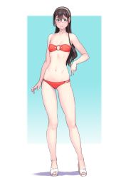 Rule 34 | 1girl, bare arms, bare legs, bare shoulders, bikini, black hair, blush, closed mouth, full body, glasses, green eyes, hair between eyes, hairband, highres, kantai collection, long hair, multi-strapped bikini, navel, o-ring, o-ring bikini, ooyodo (kancolle), red bikini, sandals, simple background, solo, strapless, strapless bikini, swimsuit, white hairband, yuuji (and)