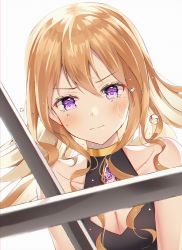 Rule 34 | 1girl, bare shoulders, blonde hair, blush, breasts, cleavage, cleavage cutout, clothing cutout, clothing request, collarbone, commentary request, crying, face, gem, highres, hyonee, long hair, looking at viewer, medium breasts, original, pink eyes, simple background, solo, sword, teardrop, tears, weapon, white background