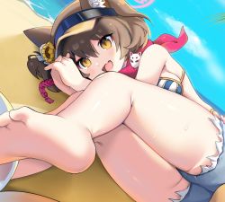 Rule 34 | 1girl, animal ear fluff, animal ears, ass, barefoot, beach, bikini, blue archive, breasts, brown eyes, brown hair, cutoffs, fang, feet, fetal position, flower, fox ears, fox girl, fox tail, hair flower, hair ornament, highres, izuna (blue archive), izuna (swimsuit) (blue archive), kneepits, lying, ngawa, on side, open mouth, outdoors, own hands together, short hair, short shorts, shorts, side ponytail, smile, soles, solo, striped bikini, striped clothes, swimsuit, tail, thighs, toes