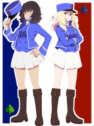 Rule 34 | 2girls, andou (girls und panzer), bc freedom (emblem), bc freedom military uniform, black footwear, black hair, blonde hair, blue eyes, blue headwear, blue jacket, blue vest, boots, brown eyes, closed mouth, commentary, crossed arms, dark-skinned female, dark skin, dress shirt, emblem, flag background, french flag, full body, girls und panzer, grin, hand on own hip, hat, high collar, highres, holding, holding clothes, holding hat, jacket, kepi, knee boots, long sleeves, medium hair, messy hair, military hat, military uniform, miniskirt, multiple girls, oritako, oshida (girls und panzer), outline, pleated skirt, shirt, side-by-side, skirt, smile, spade (shape), standing, uniform, unworn hat, unworn headwear, vest, white outline, white shirt, white skirt