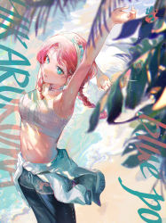 Rule 34 | 1girl, arknights, arms up, beach, black pants, blue eyes, blue poison (arknights), blue poison (shoal beat) (arknights), blue shorts, braid, choker, clothes around waist, day, daylightallure, english text, from above, full body, hairband, highres, jacket, jacket around waist, looking at viewer, navel, o-ring, o-ring choker, ocean, official alternate costume, open mouth, palm tree, pants, pink hair, short shorts, shorts, solo, sports bra, sportswear, stomach, stretching, teeth, tree, twin braids, upper teeth only, white footwear, white jacket