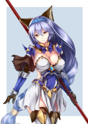 Rule 34 | 10s, 1girl, absurdres, animal ears, armor, arms at sides, bit (keikou syrup), black gloves, blue hair, breasts, cleavage, closed mouth, cowboy shot, dress, erune, gloves, granblue fantasy, hair between eyes, hairband, heles, highres, holding, holding weapon, large breasts, long hair, looking at viewer, low-braided long hair, low-tied long hair, pauldrons, polearm, shoulder armor, smile, solo, spear, thighhighs, very long hair, weapon, white thighhighs