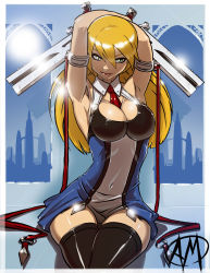 Rule 34 | 1girl, alternate breast size, arc system works, armlet, armpits, arms behind head, arms up, between breasts, black thighhighs, blazblue, blonde hair, blue background, breasts, cleavage, cleavage cutout, clothing cutout, curvy, dress, dual wielding, ganassa, green eyes, gun, handgun, highres, holding, large breasts, lips, lipstick, long hair, looking at viewer, makeup, necktie, noel vermillion, pistol, red lips, ribbon, seductive smile, short dress, sitting, smile, thighhighs, thighs, weapon