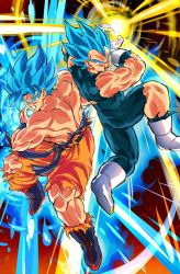 Rule 34 | 2boys, blue eyes, blue hair, boots, clenched teeth, dragon ball, dragon ball super, galick gun, gloves, highres, incoming attack, kamehameha (dragon ball), male focus, multiple boys, muscular, muscular male, open mouth, ptmcmx453tma, son goku, spiked hair, super saiyan, super saiyan blue, teeth, torn clothes, vegeta, white gloves