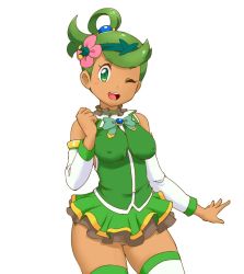 Rule 34 | 1girl, aqua (konosuba), aqua (konosuba) (cosplay), bangs, blush, breasts, cleft of venus, creatures (company), dark skin, detached sleeves, dress, erect nipples, game freak, green dress, green eyes, green hair, hair ornament, kono subarashii sekai ni shukufuku wo!, mallow (pokemon), nintendo, no bra, no panties, pokemon, pokemon (anime), pokemon sm (anime), pussy, skirt, smile, swept bangs, thighhighs, tof