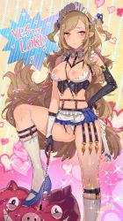 Rule 34 | 1girl, :o, bare shoulders, black gloves, blue footwear, blue skirt, blush, breasts, brown hair, censored, convenient censoring, crotchless, crotchless panties, detached sleeves, earrings, elf, english text, frills, gloves, hand on own hip, harness, heart, high heels, highres, holding, jewelry, kneehighs, leg up, long sleeves, looking at viewer, maid headdress, medium breasts, microskirt, music, navel, nipples, original, panties, parted lips, pink eyes, pointy ears, polka dot, polka dot background, pussy, riding crop, singing, single detached sleeve, skindentation, skirt, socks, solo, sparkle, standing, swept bangs, tajima ryuushi, two side up, underwear, white hair, white panties