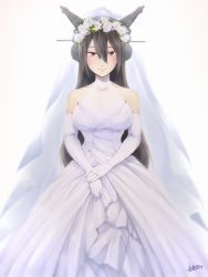 Rule 34 | 10s, 1girl, bare shoulders, blush, breasts, bride, dress, elbow gloves, flower, gloves, head wreath, headgear, highres, ikeshita moyuko, jewelry, kantai collection, large breasts, long hair, nagato (kancolle), red eyes, smile, wedding dress