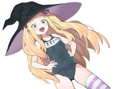 Rule 34 | 1girl, blonde hair, blush, breasts, commentary request, green eyes, hat, henry bird 9, highres, large hat, long hair, looking at viewer, name tag, one-piece swimsuit, open mouth, original, school swimsuit, small breasts, smile, solo, striped clothes, striped thighhighs, swimsuit, thighhighs, very long hair, witch hat