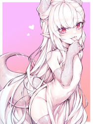 Rule 34 | 1girl, :p, copyright request, covered navel, dress, heart, highres, horns, kupa (jesterwii), long hair, looking at viewer, pointy ears, red eyes, slit pupils, solo, tail, thighhighs, thighs, tongue, tongue out, very long hair, virtual youtuber