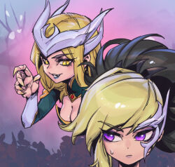 Rule 34 | 2girls, :d, akali, blonde hair, breasts, brown hair, cassiopeia (league of legends), cleavage, closed mouth, coven akali, fang, frown, hand up, large breasts, league of legends, long hair, multicolored hair, multiple girls, open mouth, phantom ix row, ponytail, purple eyes, shiny skin, sideways glance, slit pupils, smile, sweatdrop, teeth, two-tone hair, upper teeth only, yellow eyes