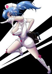 Rule 34 | 1girl, absurdres, belt pouch, black background, blue hair, bonesaw, from side, full body, gloves, hair over one eye, hat, highres, latex, latex gloves, leg wrap, mask, mouth mask, nurse cap, pata n, ponytail, pouch, red eyes, saw, skullgirls, solo, surgical mask, valentine (skullgirls)