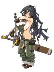 Rule 34 | 1girl, areola slip, black hair, breasts, cleavage, end breaker!, glasses, gloves, highres, huge breasts, large breasts, long hair, messy hair, naked overalls, no bra, no panties, overalls, red eyes, revealing clothes, ryoji (nomura ryouji), scabbard, sheath, solo, sword, tonfa, weapon