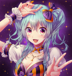 Rule 34 | 1girl, :d, aqua hair, bad id, bad pixiv id, blush, bow, breasts, choker, cleavage, collarbone, artistic error, extra digits, fang, frills, gradient eyes, hair bow, hand on own head, heterochromia, jewelry, long hair, looking at viewer, multicolored eyes, necklace, ng, open mouth, orange eyes, original, pink eyes, puffy short sleeves, puffy sleeves, purple background, purple eyes, short sleeves, simple background, smile, solo, sparkle, striped, tsuru ringo, two side up, upper body, v, vertical stripes, w, wrist cuffs