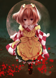 Rule 34 | 1girl, apron, arms at sides, bell, blood, blood splatter, boots, brown footwear, checkered clothes, checkered shirt, closed mouth, clothes writing, cross-laced footwear, full body, full moon, hair bell, hair ornament, highres, japanese clothes, jingle bell, kimono, kurona, lace-up boots, leaning forward, looking at viewer, moon, motoori kosuzu, red eyes, red hair, shirt, short hair, solo, spoilers, standing, touhou, two side up, wide sleeves, yellow apron