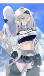 Rule 34 | 1girl, ;d, animal ears, arknights, arms behind head, aurora, aurora (arknights), bear ears, bear girl, black gloves, black hairband, black shirt, blue background, blue eyes, breasts, cleavage, clothing cutout, cowboy shot, cropped jacket, cropped shirt, gloves, grey hair, grey shorts, hair over one eye, hairband, highres, infection monitor (arknights), jacket, konota ko, large breasts, long sleeves, micro shorts, midriff, navel, one eye closed, open mouth, parted lips, shirt, shorts, simple background, smile, solo, thigh cutout, thighlet, white jacket