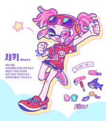 Rule 34 | 1girl, arm up, black shorts, character name, character profile, commentary request, dolphin shorts, dot nose, eyewear on head, flingza roller (splatoon), full body, heavy splatling (splatoon), highres, inkling, inkling girl, inkling player character, korean commentary, medium hair, nintendo, one eye closed, open mouth, pink hair, pink trim, print shirt, red-framed eyewear, red eyes, red shirt, shark, sharp teeth, shirt, short twintails, shorts, simple background, smile, splatoon (series), standing, standing on one leg, star (symbol), star in eye, sunglasses, symbol in eye, teeth, tentacle hair, twintails, ufo sw, upper teeth only, white background