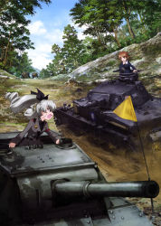 Rule 34 | 10s, 2girls, absurdres, anchovy (girls und panzer), anglerfish, emblem, fish, flag, girls und panzer, highres, military, military vehicle, motor vehicle, multiple girls, nishizumi miho, official art, ooarai (emblem), panzer iv, panzer iv, short hair, tank, throat microphone, twintails, weapon