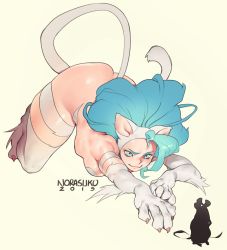 Rule 34 | 1girl, animal ears, animal hands, artist name, ass, big hair, blue eyes, blue hair, body fur, breasts, cat ears, cat girl, cat tail, claws, dated, felicia (vampire), full body, grin, highres, hunting, long hair, medium breasts, mouse (animal), norasuko, raised eyebrow, signature, smile, tail, top-down bottom-up, vampire (game)