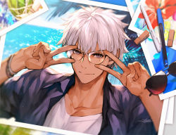 Rule 34 | 1boy, archer (fate), archer (summer casual) (fate), beach, bell, blurry, bracelet, closed mouth, collarbone, copyright request, danhu, dark-skinned male, dark skin, double v, fate (series), fingernails, flower, glasses, glint, hair bell, hair ornament, jewelry, male focus, palm tree, pen, photo (object), purple eyes, red flower, signature, smile, solo, sparkle, sunglasses, tree, upper body, v, v over eye, water, white hair