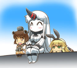Rule 34 | 10s, 3girls, ^ ^, abyssal ship, binoculars, blonde hair, blue skirt, breasts, brown eyes, brown hair, closed eyes, colored skin, detached sleeves, dress, full body, green eyes, hair ribbon, hairband, hisahiko, horns, jitome, kantai collection, large breasts, long hair, long sleeves, lying, md5 mismatch, multiple girls, on stomach, open mouth, pale skin, pleated skirt, ribbed sweater, ribbon, sailor collar, sailor dress, school uniform, seaport princess, serafuku, shimakaze (kancolle), short hair, single horn, sitting, skirt, smile, striped legwear, sweater, sweater dress, white hair, white skin, yukikaze (kancolle)