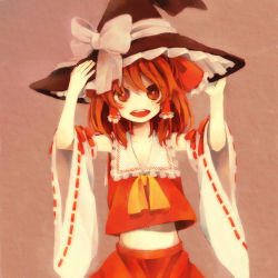 Rule 34 | 1girl, :d, adjusting clothes, adjusting headwear, ascot, bad id, bad pixiv id, bow, brown eyes, brown hair, detached sleeves, female focus, frills, hair tubes, hakurei reimu, hat, hat bow, japanese clothes, midriff, miko, navel, ogi (sham00), open mouth, simple background, skirt, smile, solo, touhou, witch hat