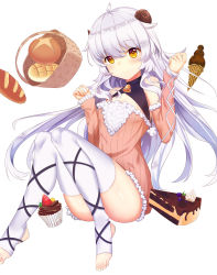 Rule 34 | 1girl, bad id, bad pixiv id, basket, bell, bencao gangmu (19), bread, cake, cake slice, convenient leg, cupcake, detached sleeves, dress, flat chest, food, fruit, full body, fur-trimmed sleeves, fur trim, highres, ice cream, knees together feet apart, knees up, legs up, long hair, long sleeves, looking at viewer, original, pink dress, pink sweater, pom pom (clothes), shiny skin, silver hair, simple background, sitting, sleeves past wrists, solo, stirrup legwear, strawberry, striped, sweater, sweater dress, thighhighs, toeless legwear, vertical stripes, very long hair, w arms, white background, white thighhighs, yellow eyes