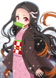 Rule 34 | 1girl, bamboo, bit gag, black hair, brown hair, checkered sash, commentary request, forehead, gag, gradient hair, hair ribbon, highres, japanese clothes, kamado nezuko, kimetsu no yaiba, kimono, long hair, long sleeves, mouth hold, multicolored hair, obi, open clothes, parted bangs, pink kimono, pink ribbon, red eyes, ribbon, sash, sleeves past wrists, snow, snowing, solo, suzune rai, very long hair, white background, wide sleeves