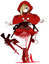 Rule 34 | 1girl, assault rifle, axe, blonde hair, blue eyes, boots, capelet, corset, cross-laced footwear, flail, grimm&#039;s fairy tales, gun, hair over one eye, knife, lace-up boots, little red riding hood, little red riding hood (grimm), m16, morning star, musco, original, red cape, rifle, skirt, solo, weapon