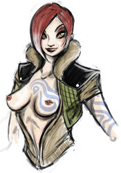 Rule 34 | 1girl, arm tattoo, arms at sides, bob cut, borderlands (series), borderlands 1, breast tattoo, breasts, breasts apart, chest tattoo, cleavage cutout, clothing cutout, cropped torso, fur-trimmed vest, fur trim, high collar, jacket, lilith (borderlands), lipstick, makeup, mole, nipple piercing, nipples, no bra, open clothes, open jacket, piercing, red hair, short hair, simple background, sketch, smile, solo, swept bangs, tattoo, unzipped, vest, white background, yellow eyes