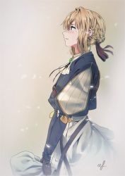 Rule 34 | 1girl, absurdres, afba, blonde hair, blue eyes, blush, bouquet, braid, brooch, commentary, crying, crying with eyes open, dress, english commentary, flower, from side, hair intakes, highres, holding, holding bouquet, jewelry, parted lips, profile, signature, solo, tears, violet evergarden, violet evergarden (series)