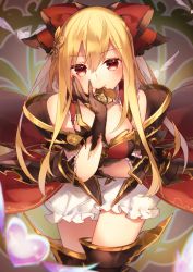 Rule 34 | 10s, 1girl, armor, black footwear, black gloves, blonde hair, bloomers, boots, bow, candy, chocolate, chocolate heart, cowboy shot, eyebrows, food, food in mouth, frills, gloves, granblue fantasy, hair between eyes, hair bow, hair ornament, heart, long hair, looking at viewer, red bow, red eyes, shiyun, smile, solo, underwear, vira (granblue fantasy)