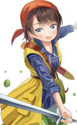 Rule 34 | 1girl, :d, absurdres, asakura (asa t77), belt, belt pouch, blue eyes, blue shirt, brown hair, commentary request, cosplay, cowboy shot, dragon quest, dragon quest viii, head scarf, hero (dq8), hero (dq8) (cosplay), highres, holding, holding sword, holding weapon, hololive, looking at viewer, oozora subaru, open mouth, pouch, red headwear, scabbard, sheath, shirt, short hair, simple background, sleeves rolled up, smile, solo, swept bangs, sword, unsheathed, virtual youtuber, weapon, white background, yellow cloak