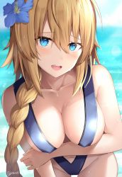 Rule 34 | 1girl, bare shoulders, blonde hair, blue eyes, blush, braid, breast hold, breasts, cleavage, collarbone, covered erect nipples, dripping, fate/grand order, fate (series), flower, hair flower, hair ornament, highres, jeanne d&#039;arc (fate), jeanne d&#039;arc (ruler) (fate), large breasts, leaning forward, long hair, looking at viewer, open mouth, rin yuu, slingshot swimsuit, solo, swimsuit, teeth, very long hair, wet