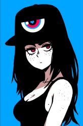 Rule 34 | 1girl, akairiot, bare shoulders, black tank top, blue background, body freckles, breasts, cleavage, closed mouth, expressionless, eyelashes, freckles, hat, heart, highres, long hair, looking at viewer, original, red eyes, simple background, solo, tank top, third eye, upper body