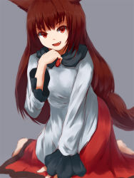 Rule 34 | 1girl, animal ears, barefoot, brooch, brown hair, dress, fang, grey background, hand on own chin, imaizumi kagerou, jewelry, kneeling, layered dress, long hair, long sleeves, looking at viewer, open mouth, red eyes, shone, simple background, solo, tail, touhou, very long hair, wolf ears, wolf tail