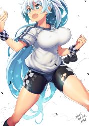 Rule 34 | 1girl, aqua hair, ayaki, bike shorts, black socks, blue eyes, breasts, collarbone, dated, fang, female focus, hair between eyes, huge breasts, impossible clothes, impossible shirt, long hair, looking to the side, open mouth, original, shirt, short sleeves, shorts, simple background, skindentation, smile, socks, solo, spread legs, sweat, t-shirt, torn clothes, very long hair, white background, white shirt, wristband
