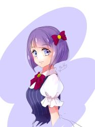 Rule 34 | 1girl, alternate hair length, alternate hairstyle, blue eyes, bow, bowtie, closed mouth, cropped torso, from side, hair bow, highres, kaguya madoka, looking at viewer, manekineko5319, precure, purple hair, red bow, red bowtie, short hair, short sleeves, smile, solo, star twinkle precure, striped, upper body, vertical stripes