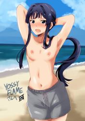 Rule 34 | 1girl, arms behind head, arms up, beach, blue eyes, blue sky, breasts, cloud, cloudy sky, day, drawstring, embarrassed, exhibitionism, female focus, grey male swimwear, grey swim trunks, hair intakes, highres, idolmaster, idolmaster million live!, long hair, looking at viewer, male swimwear, male swimwear challenge, medium breasts, mogami shizuka, nipples, ocean, outdoors, ponytail, public indecency, sand, sky, solo, source request, standing, swim trunks, swimsuit, topless, water, yossyflame