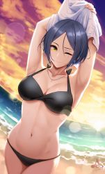 Rule 34 | 1girl, ;), armpits, arms up, artist logo, artist name, beach, bikini, black bikini, black hair, breasts, cleavage, closed mouth, cloud, collarbone, commentary request, cowboy shot, groin, halterneck, hayami kanade, highres, idolmaster, idolmaster cinderella girls, infinote, jewelry, looking at viewer, medium breasts, navel, necklace, ocean, one eye closed, outdoors, parted bangs, sand, shirt, short hair, skindentation, sky, smile, solo, standing, stomach, sunset, swimsuit, undressing, white shirt, yellow eyes