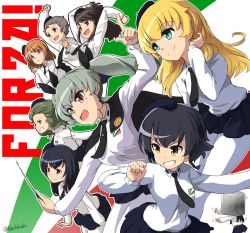 Rule 34 | 6+girls, amaretto (girls und panzer), anchovy (girls und panzer), anzio school uniform, aqua eyes, arm up, arms up, beret, black cape, black hair, black headwear, black neckwear, black ribbon, black skirt, blonde hair, bob cut, bologna (girls und panzer), braid, brown eyes, brown hair, buchikaki, cape, carpaccio (girls und panzer), commentary, dress shirt, drill hair, emblem, flag background, gelato (girls und panzer), girls und panzer, green hair, grin, hair ribbon, half updo, hand in own hair, hat, holding, index finger raised, italian commentary, italian flag, italian text, jumping, leaning forward, long hair, long sleeves, looking at viewer, looking to the side, medium hair, miniskirt, motion lines, multiple girls, necktie, open mouth, outline, own hands together, panettone (girls und panzer), pantyhose, pepperoni (girls und panzer), pleated skirt, pot, raised fist, red eyes, ribbon, riding crop, robiola (girls und panzer), school uniform, shirt, short hair, side braid, skirt, smile, standing, swept bangs, tilted headwear, translated, twin drills, twintails, twitter username, very short hair, white legwear, white outline, white shirt, wing collar, yellow eyes