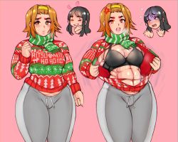 Rule 34 | 2girls, abs, akiyama mio, angry, black hair, bra, breasts, brown hair, buck teeth, chibi, chibi inset, christmas, christmas sweater, cleavage, english text, happy, highres, k-on!, keigi, multiple girls, muscular, muscular female, pants, scarf, solo focus, standing, sweater, sweatpants, tainaka ritsu, teeth, thick eyebrows, thighs, torn clothes, torn sweater, underwear, yellow eyes