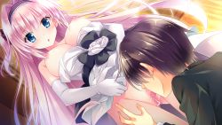 Rule 34 | 1girl, amaya rei, bare shoulders, blue eyes, blush, breasts, breasts out, brown hair, censored, clothes lift, cunnilingus, dress, dress lift, elbow gloves, game cg, gloves, golden marriage, hayakawa harui, highres, large breasts, legs, licking, long hair, looking down, mosaic censoring, nipples, no panties, oral, pink hair, pussy, pussy juice, short hair, standing, thighs, tongue, tongue out, wet
