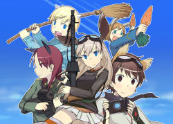 Rule 34 | 10s, 5girls, amelie planchard, animal ears, brave witches, broom, camera, carrot, double-drum magazine, drum magazine, general-purpose machine gun, goggles, goggles on head, gun, hanna-justina marseille, hasesese, head wings, high-capacity magazine, katou keiko, kumichou (kumichoubox), machine gun, magazine (weapon), mg42, minna-dietlinde wilcke, multiple girls, nikka edvardine katajainen, rabbit girl, saddle-drum, strike witches, strike witches: katayoku no majo-tachi, weapon, wings, witches of africa, world witches series