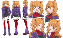 Rule 34 | 1girl, aged up, aisaki emiru, artist request, boots, brown eyes, brown hair, character sheet, concept art, earrings, eyelashes, happy, hugtto! precure, jacket, jewelry, long hair, looking at viewer, official art, precure, purple jacket, red thighhighs, simple background, skirt, smile, solo, source request, standing, thighhighs, thighs, twintails, white background, white skirt