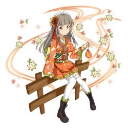 Rule 34 | 1girl, arm support, black footwear, boots, bracelet, brown eyes, brown hair, frilled boots, frills, full body, hair ornament, hime cut, holding, japanese clothes, jewelry, kimono, kimono skirt, long hair, looking at viewer, maid headdress, obi, orange kimono, sash, seven (sao), simple background, sitting, solo, sword art online, thighhighs, white background, white thighhighs, zettai ryouiki