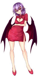 Rule 34 | 1girl, aged up, alternate breast size, bat wings, blush, breasts, china dress, chinese clothes, cleavage, cleavage cutout, clothing cutout, dress, fangs, full body, head tilt, heart cutout, highres, large breasts, light blush, looking at viewer, pointy ears, purple hair, red eyes, remilia scarlet, short dress, short hair, solo, touhou, white background, wings, zellam
