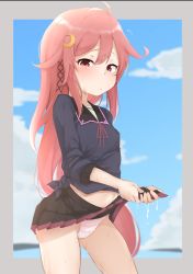 Rule 34 | 1girl, ahoge, bad id, bad twitter id, black sailor collar, black skirt, blue shirt, blue sky, cloud, contrapposto, cowboy shot, crescent, crescent hair ornament, hair ornament, hair ribbon, highres, kantai collection, long hair, looking at viewer, nagatsukiin, panties, pink hair, pleated skirt, red eyes, ribbon, sailor collar, sailor shirt, school uniform, serafuku, shirt, skirt, skirt hold, sky, solo, standing, striped clothes, striped panties, underwear, uzuki (kancolle), wet, wet clothes, wringing, wringing clothes