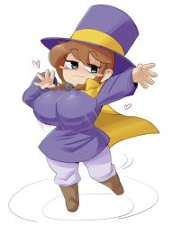 Rule 34 | :3, a hat in time, alternate breast size, blue eyes, blush stickers, boots, bouncing breasts, breasts, brown footwear, brown hair, cape, dancing, hat, hat kid, heart, highres, huge breasts, oppai loli, sakana888888888, simple background, top hat, white background