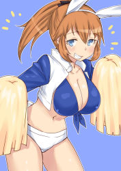 Rule 34 | 1girl, alternate hairstyle, animal ears, bikini, bikini top only, blue eyes, blush, breasts, charlotte e. yeager, cheerleader, cleavage, collarbone, crop top, dallas cowboys, front-tie top, grin, komusou (jinrikisha), large breasts, midriff, national football league, navel, orange hair, panties, pom pom (cheerleading), ponytail, rabbit ears, rabbit girl, rabbit tail, shiny skin, short shorts, shorts, smile, solo, strike witches, swimsuit, tail, underwear, white panties, world witches series